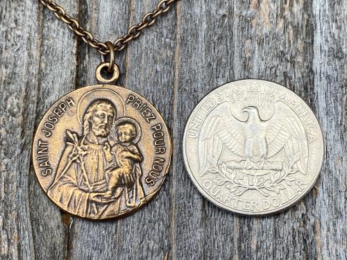 Bronze Saint Joseph French Medal, Antique Replica, Necklace, Priez Pour Nous, Oratoire St Joseph, Mont Royal, Montreal Quebec, Father Gift