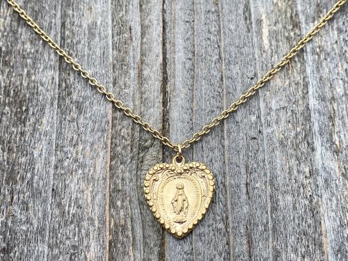 Shiny Gold Heart Shaped Miraculous Medal Pendant Necklace, Antique Replica, Our Lady of Lourdes, Immaculate Conception, Marian Catholic Gift