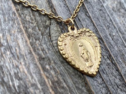 Shiny Gold Heart Shaped Miraculous Medal Pendant Necklace, Antique Replica, Our Lady of Lourdes, Immaculate Conception, Marian Catholic Gift