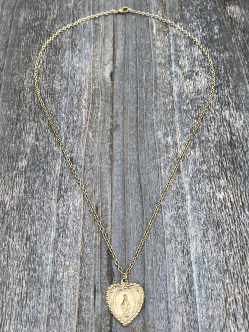 Shiny Gold Heart Shaped Miraculous Medal Pendant Necklace, Antique Replica, Our Lady of Lourdes, Immaculate Conception, Marian Catholic Gift