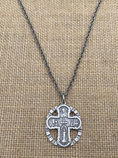 Sterling Silver 5-Way Cross Medal and Necklace, Antique Replica, Scapular, 4-Way, 4 Way, Catholic, Unisex, Sacred Heart, Miraculous Medal