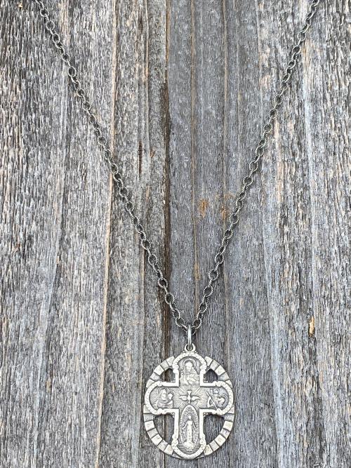 Sterling Silver 5-Way Cross Medal and Necklace, Antique Replica, Scapular, 4-Way, 4 Way, Catholic, Unisex, Sacred Heart, Miraculous Medal