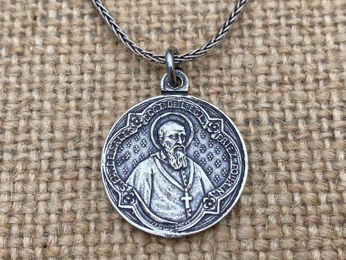 Reversible St. Francis de Sales & St. Jane de Chantal Sterling Silver Medal, French Antique Replica, Artists Penin Poncet, Wheat Spiga Chain