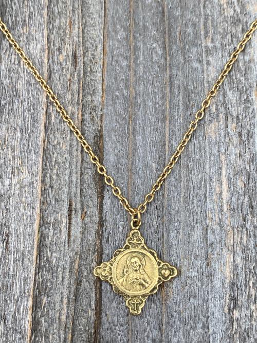 Antique Gold Sacred Heart of Jesus Pendant, Faith Hope & Love Symbols, Antique Replica, Medal Necklace, Holy Spirit Dove, Cross Anchor Heart