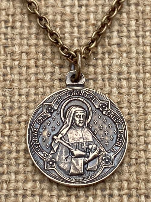 French Artists Penin Poncet, Reversible St. Francis de Sales and St. Jane de Chantal Solid Bronze Medal, Cable Chain, Antique Replica Saints