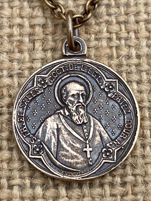 French Artists Penin Poncet, Reversible St. Francis de Sales and St. Jane de Chantal Solid Bronze Medal, Cable Chain, Antique Replica Saints