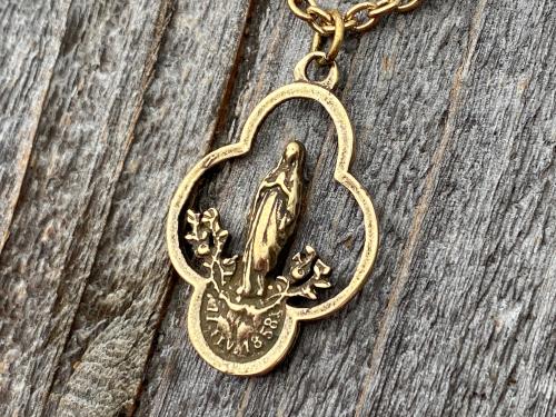 Antique Gold Our Lady of Lourdes Pendant, French Antique Replica, Our Lady of Lourdes Necklace, Immaculate Conception, Notre Dame de Lourdes