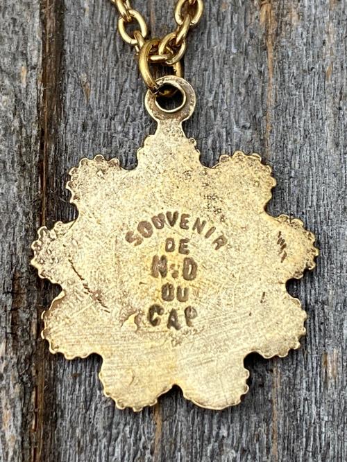 Antique Gold Our Lady of the Rosary Antique Replica Medal Pendant Necklace, Lourdes Virgin Mary, Blessed Mother, Our Lady of the Cape Shrine