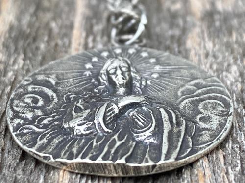 Sterling Silver Assumption of Mary Medal Pendant Necklace, French Antique Replica, Mary with Star Halo Pendant, Gorgeous Our Lady Pendant