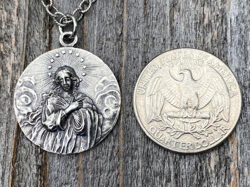 Sterling Silver Assumption of Mary Medal Pendant Necklace, French Antique Replica, Mary with Star Halo Pendant, Gorgeous Our Lady Pendant