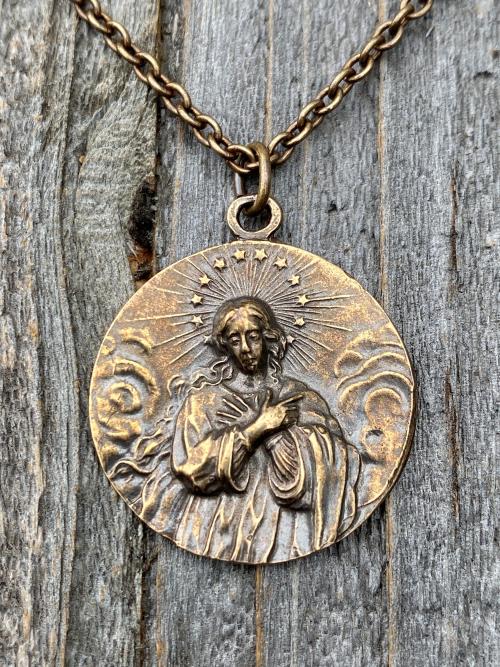 Bronze Rare Assumption of Mary Medal Pendant Necklace, French Antique Replica, Mary with Star Halo Pendant, Blessed Virgin Mary Necklace