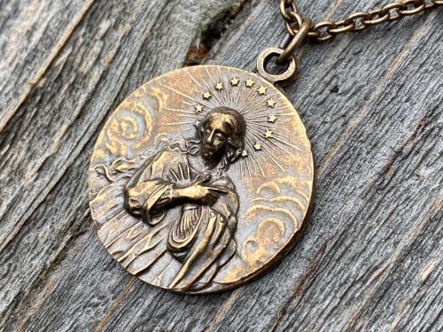 Bronze Rare Assumption of Mary Medal Pendant Necklace, French Antique Replica, Mary with Star Halo Pendant, Blessed Virgin Mary Necklace