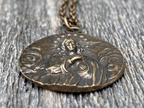 Bronze Rare Assumption of Mary Medal Pendant Necklace, French Antique Replica, Mary with Star Halo Pendant, Blessed Virgin Mary Necklace