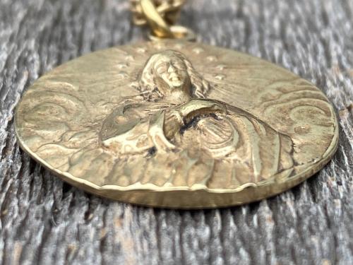 Antique Gold Rare Assumption of Mary Medal & Necklace, French Antique Replica, Mary with Star Halo, Gorgeous Depth, Cable Chain, France Gift