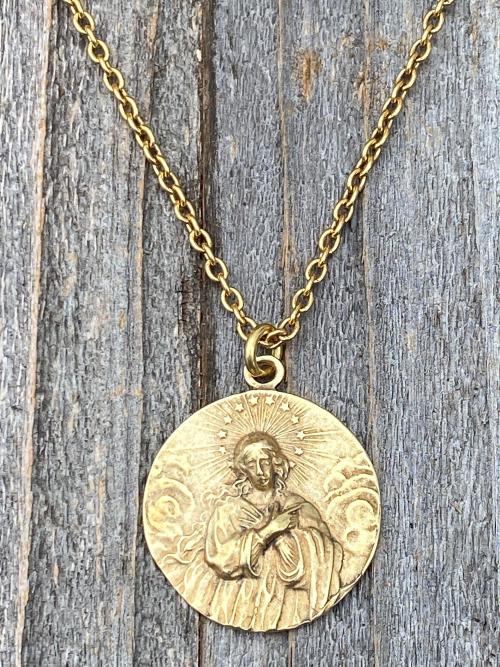 Antique Gold Rare Assumption of Mary Medal & Necklace, French Antique Replica, Mary with Star Halo, Gorgeous Depth, Cable Chain, France Gift