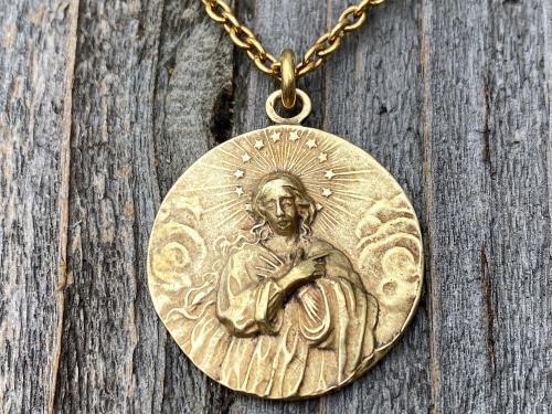 Antique Gold Rare Assumption of Mary Medal & Necklace, French Antique Replica, Mary with Star Halo, Gorgeous Depth, Cable Chain, France Gift
