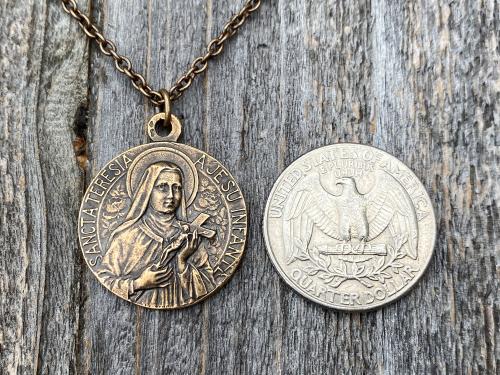 Bronze Rare St Thérèse of Lisieux Medal & Necklace, French Antique Replica, Sancta Teresia, St Theresa of the Child Jesus, The Little Flower