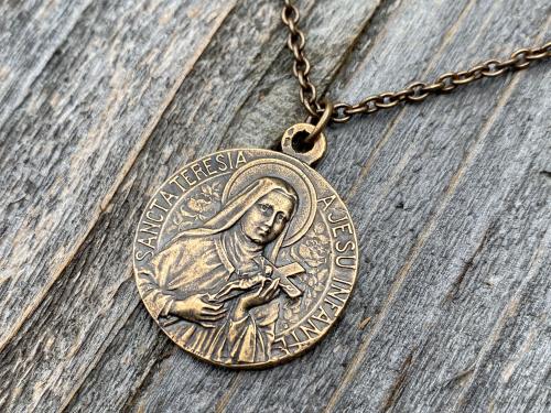 Bronze Rare St Thérèse of Lisieux Medal & Necklace, French Antique Replica, Sancta Teresia, St Theresa of the Child Jesus, The Little Flower