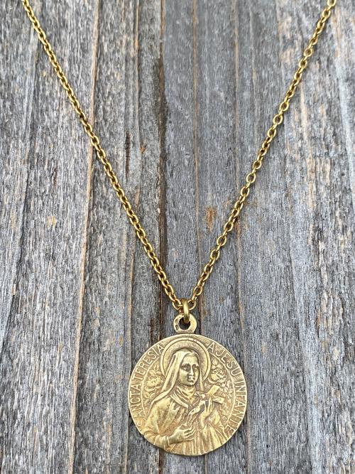 Antique Gold Rare St Thérèse of Lisieux Medal Necklace, French Antique Replica, Sancta Teresia, St Theresa of the Child Jesus, Little Flower