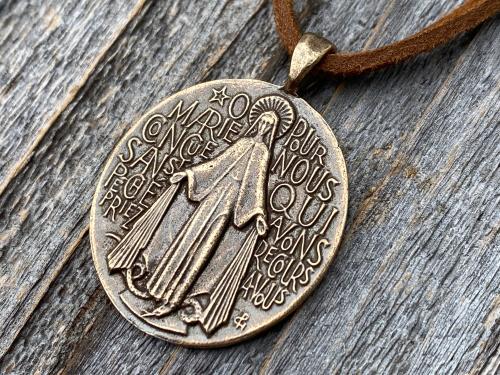 Bronze Miraculous Medal Pendant on Adjustable Length Suede Lace Necklace, French Antique Replica, Blessed Virgin Mary Medal, Slider Bead MM1