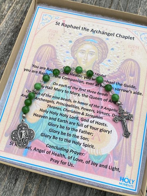 Sterling Silver St. Raphael the Archangel Chaplet with Green Maw Sit Sit Gemstones (Angel of Healing) Saint Illness, Patron Saint of Healing