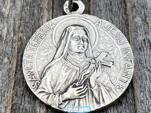 Sterling Silver Rare St Thérèse of Lisieux Medal Necklace, French Antique Replica Sancta Teresia St Theresa of the Child Jesus Little Flower