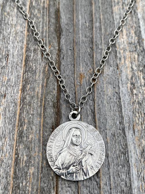 Sterling Silver Rare St Thérèse of Lisieux Medal Necklace, French Antique Replica Sancta Teresia St Theresa of the Child Jesus Little Flower