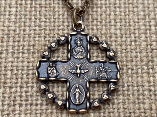 Bronze 5-Way Round Catholic Medal Necklace, Antique Replica, 4-Way Pendant, Cross, Miraculous Medal, Holy Spirit Dove, Heart Border, Unisex