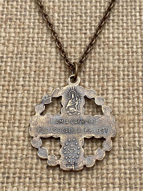 Bronze 5-Way Round Catholic Medal Necklace, Antique Replica, 4-Way Pendant, Cross, Miraculous Medal, Holy Spirit Dove, Heart Border, Unisex