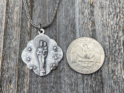 Sterling Silver Mary, Queen of Angels Pendant Necklace, Antique Replica, Our Lady Queen of Heaven, Blessed Virgin Mary Pendant and Necklace