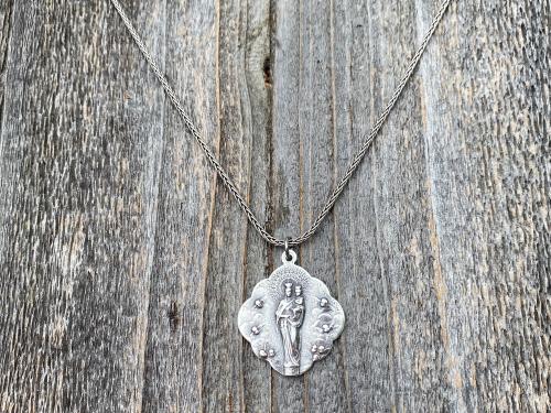 Sterling Silver Mary, Queen of Angels Pendant Necklace, Antique Replica, Our Lady Queen of Heaven, Blessed Virgin Mary Pendant and Necklace