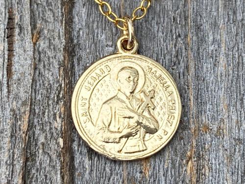 Gold St Gerard Majella Medal, Necklace, French artist Penin, Antique Replica, Patron Saint of Expectant Mothers, Patron Saint of Fertility