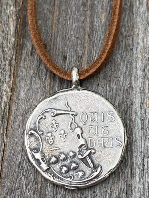 Sterling Silver Rare St Michael Latin Medal Necklace, Antique Replica, Saint Michael the Archangel, St Michel, Protection against the devil