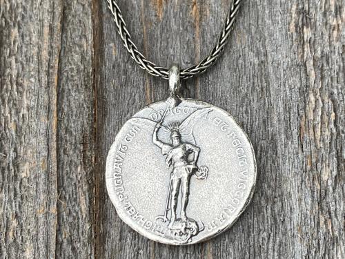 Sterling Silver Rare St Michael Latin Medal Necklace, Antique Replica, Saint Michael the Archangel, St Michel, Protection against the devil