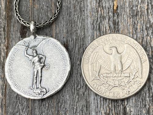 Sterling Silver Rare St Michael Latin Medal Necklace, Antique Replica, Saint Michael the Archangel, St Michel, Protection against the devil