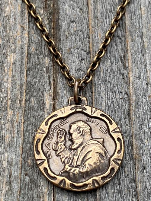 Bronze Saint Padre Pio Antique Replica Medal Pendant Necklace, Saint Pius of Pietrelcina, Stigmatized Priest, Healing, Miracles, Stigmata