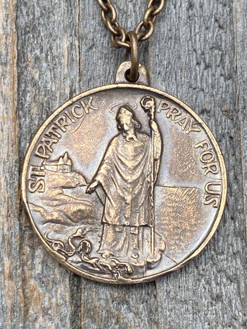 Bronze St Patrick Medal Pendant and Chain Necklace, Antique Replica, Saint Patrick, Irish Catholic Gift, Patron Saint of Engineers, Ireland