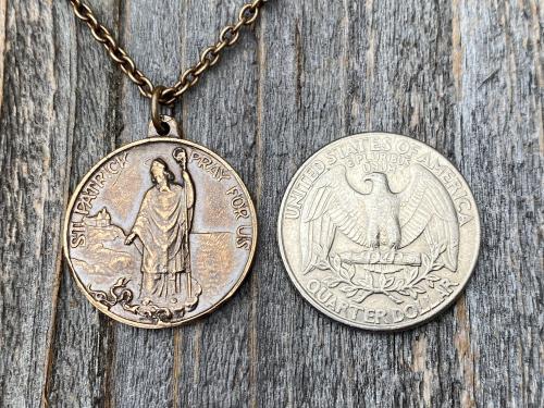 Bronze St Patrick Medal Pendant and Chain Necklace, Antique Replica, Saint Patrick, Irish Catholic Gift, Patron Saint of Engineers, Ireland