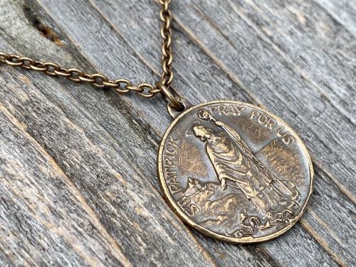 Bronze St Patrick Medal Pendant and Chain Necklace, Antique Replica, Saint Patrick, Irish Catholic Gift, Patron Saint of Engineers, Ireland