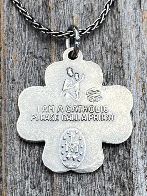 Sterling Silver Shamrock 4-Way Medal Pendant Necklace, Antique Replica, Miraculous Medal, Holy Spirit Dove, Sacred Heart of Jesus, St Joseph