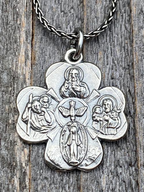 Sterling Silver Shamrock 4-Way Medal Pendant Necklace, Antique Replica, Miraculous Medal, Holy Spirit Dove, Sacred Heart of Jesus, St Joseph