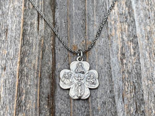 Sterling Silver Shamrock 4-Way Medal Pendant Necklace, Antique Replica, Miraculous Medal, Holy Spirit Dove, Sacred Heart of Jesus, St Joseph