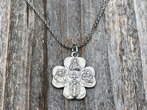 Sterling Silver Shamrock 4-Way Medal Pendant Necklace, Antique Replica, Miraculous Medal, Holy Spirit Dove, Sacred Heart of Jesus, St Joseph