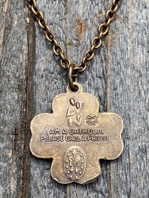 Bronze Shamrock 4-Way Medal Pendant Necklace, Antique Replica, Miraculous Medal, Holy Spirit Dove, Sacred Heart of Jesus, St Christopher