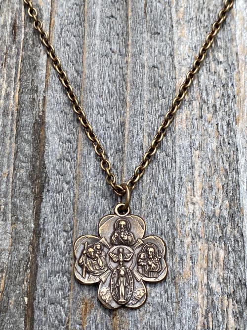 Bronze Shamrock 4-Way Medal Pendant Necklace, Antique Replica, Miraculous Medal, Holy Spirit Dove, Sacred Heart of Jesus, St Christopher