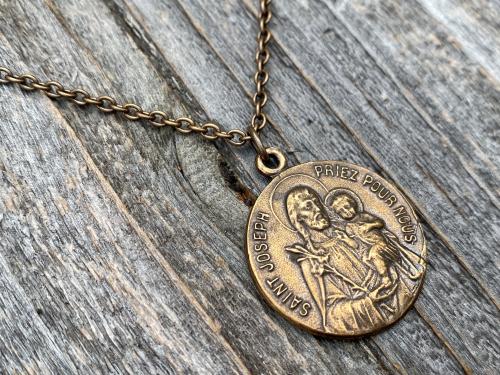 Bronze Saint Joseph French Medal, Antique Replica, Necklace, Priez Pour Nous, Oratoire St Joseph, Mont Royal, Montreal Quebec, Father Gift