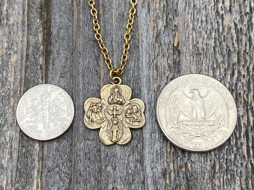 Antique Gold Shamrock 4-Way Medal Pendant Necklace, Antique Replica, Miraculous Medal, Holy Spirit Dove, Sacred Heart of Jesus, St Joseph