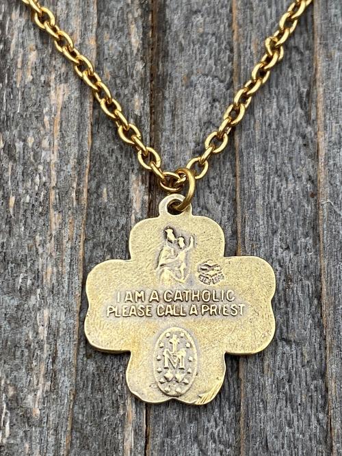 Antique Gold Shamrock 4-Way Medal Pendant Necklace, Antique Replica, Miraculous Medal, Holy Spirit Dove, Sacred Heart of Jesus, St Joseph