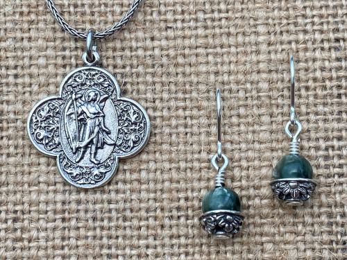 Sterling Silver St. Raphael Necklace & Seraphinite Earrings Set, Saint Raphael the Archangel Medal, Angel of Healing, Antique Replicas, .925