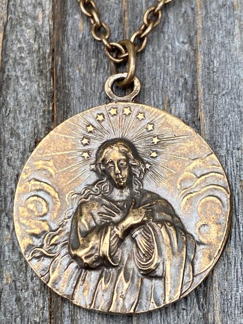 Bronze Rare Assumption of Mary Medal Pendant Necklace, French Antique Replica, Mary with Star Halo Pendant, Blessed Virgin Mary Necklace